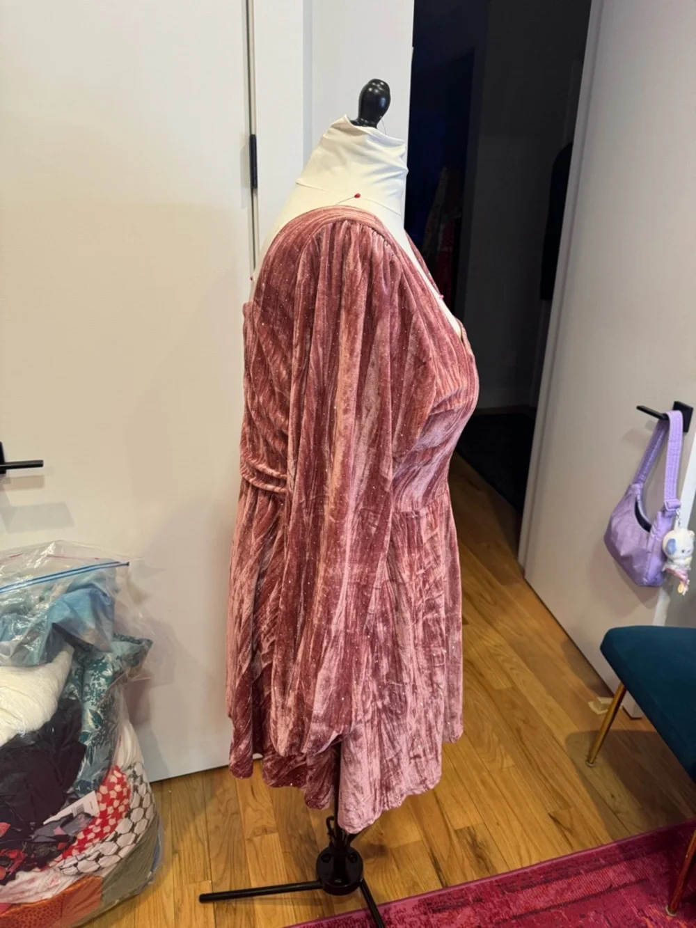 Velvet Square Neck Rhinestone Ruffle Mini Dress Curve & Plus - Picture 3 of 5